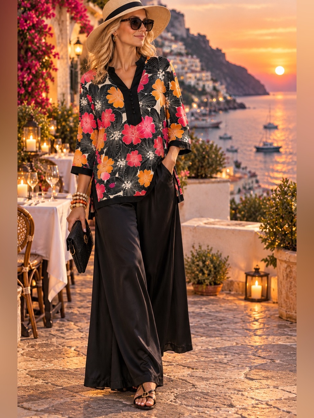 Alfani Black Floral V-Neck Tunic with Pink & Orange Blooms 100% Silk